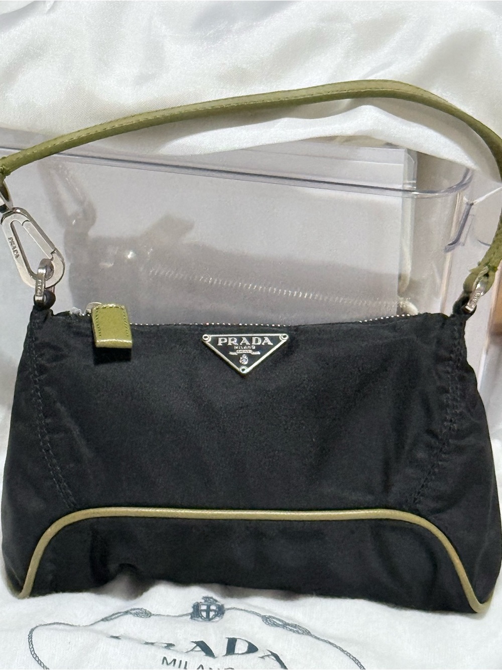 AUTHENTIC Preloved PRADA Black Nylon Pochette with Olive Leather Trim